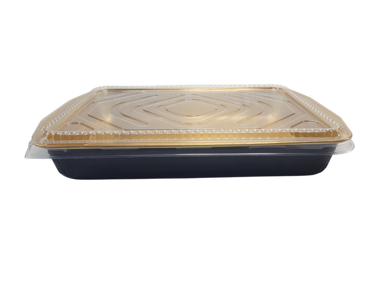 Large 108 oz. Black and Gold Foil Entrée or Casserole Pan with Dome Lid - Case of 25