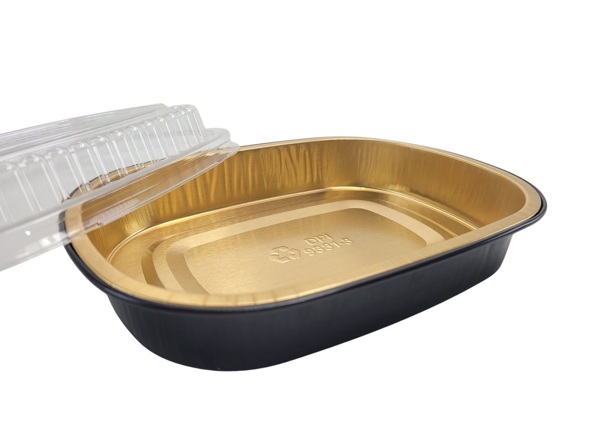 23 oz.  Black and Gold Foil Entrée or Take Out Pan with Dome Lid - Case of 100 - #9331PT